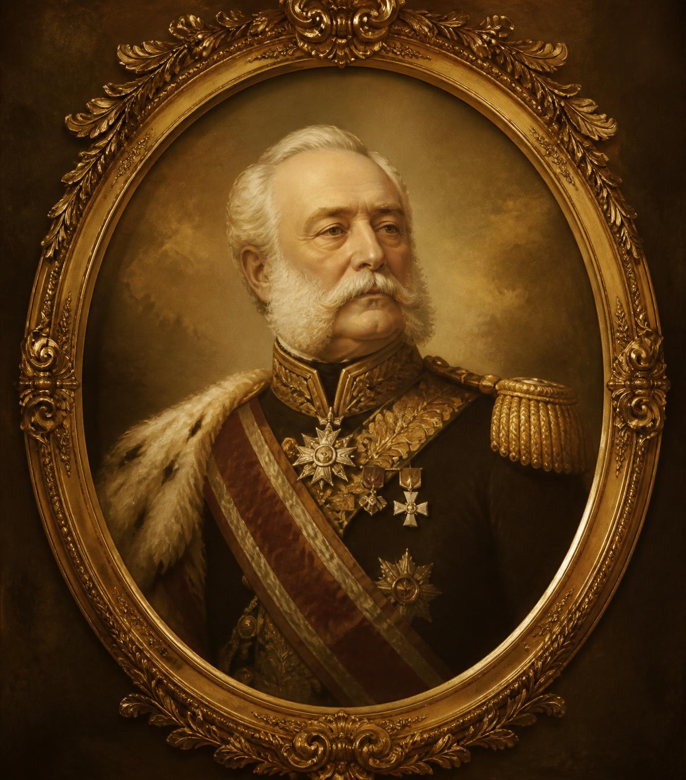 Smyšlený dobový portrét mocnáře v ozdobném zlaceném rámu (ilustrační vizuál)